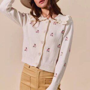 SO ME Collared Floral Embroidered Button Down Sweater Cardigan